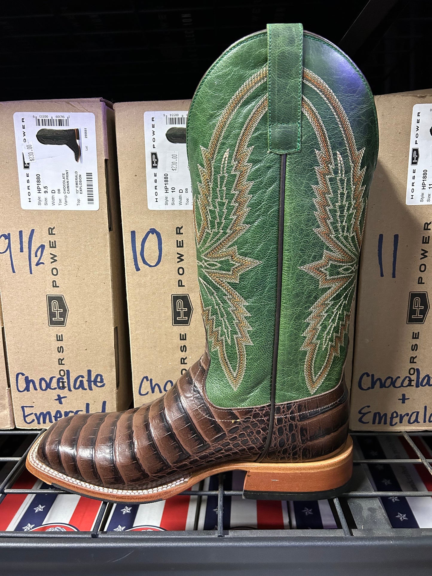 Men's Horse Power Chocolate Caiman Print Emerald Boot