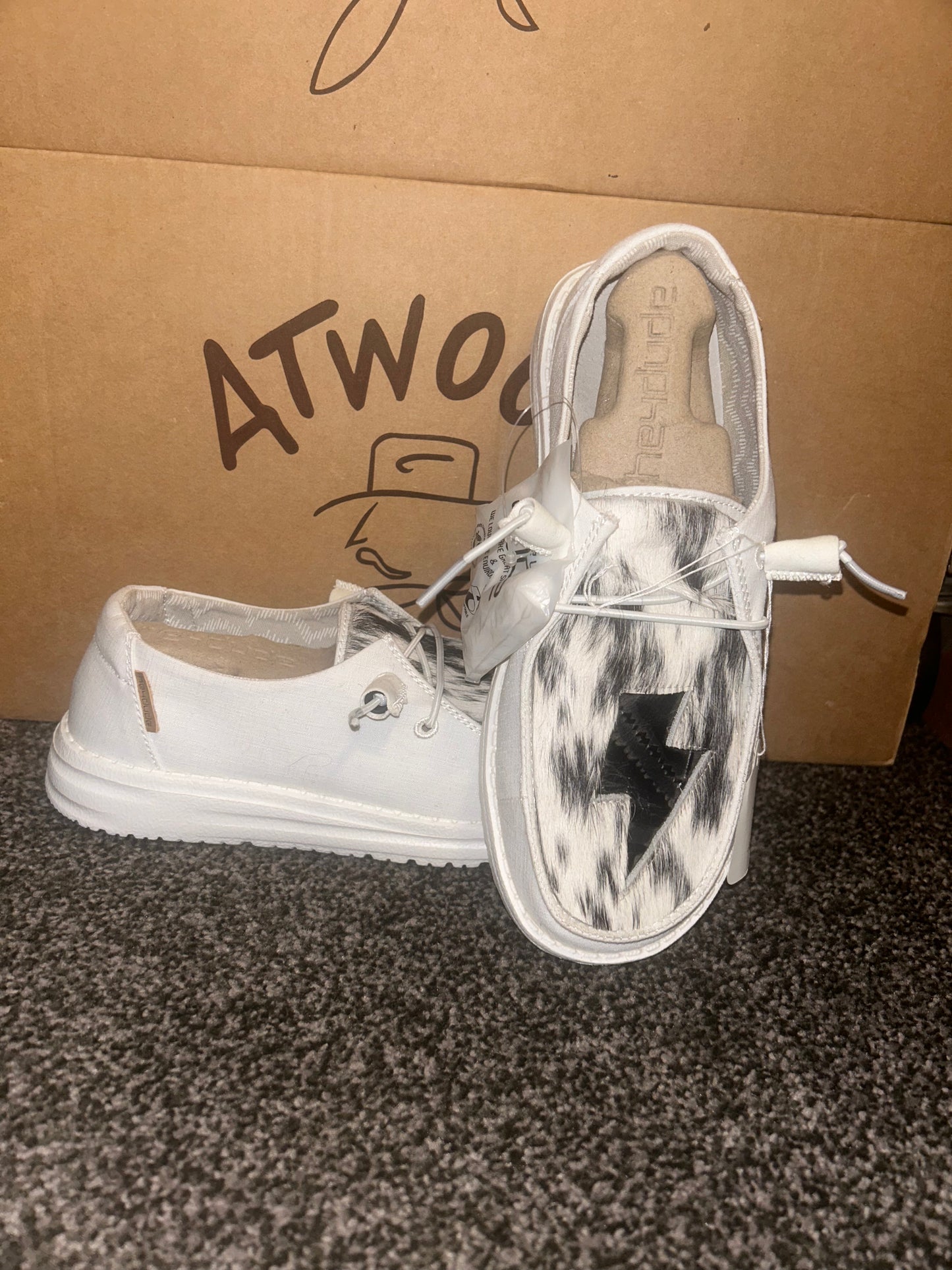 Women's White/Black Cowhide Hey Dude Shoe